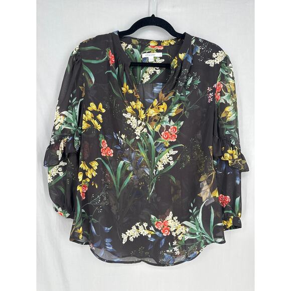 Chicos Top Womens Medium 1 Black Floral Sheer Ruffle Colorful Boho Bohemian - Picture 5 of 7